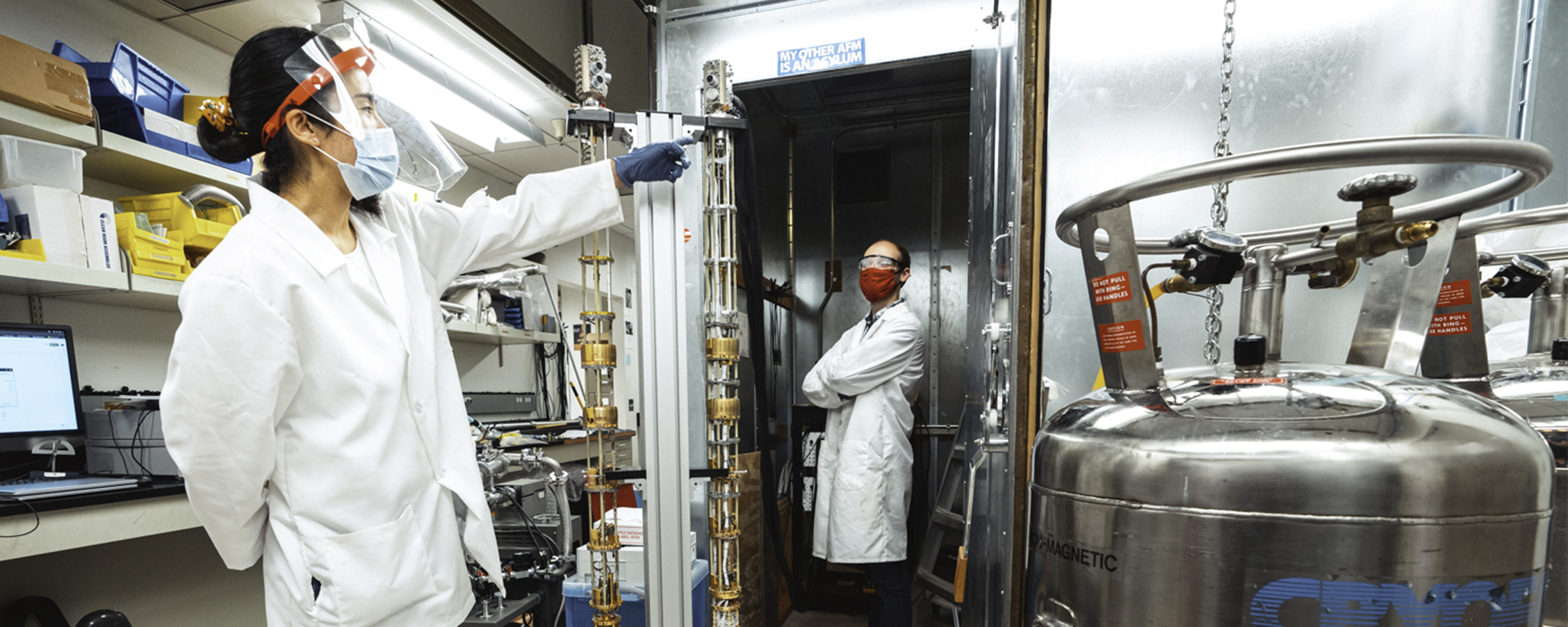 Connie Hsueh and Joe Finney in a lab in McCullough building