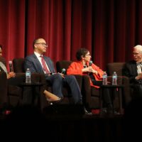 Panelists (left to right) Condoleezza Rice, Jonathan Holloway, and Pamela Karlan speak with moderator Josiah Ober about actions Stanford student undergraduates can take to strengthen democracy and make the most of their studies.