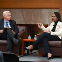 Professor Condoleezza Rice participates in a Q&A moderated by Professor Scott Sagan, left, at Bechtel Conference Center on Tuesday., March 12, 2024.